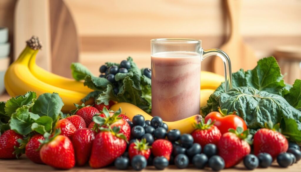 A cheerful still life arrangement showcasing a selection of vibrant, nutrient-dense ingredients perfect for crafting toddler-friendly smoothies. In the foreground, an array of fresh fruits such as strawberries, bananas, and blueberries sit alongside leafy greens like spinach and kale. In the middle ground, a glass pitcher filled with a creamy, swirling smoothie texture invites the viewer to imagine its delicious flavor. The background features natural-toned wooden surfaces and a few simple kitchen utensils, creating a warm, inviting atmosphere. Soft, diffused lighting illuminates the scene, highlighting the vibrant colors and textures of the wholesome ingredients. The overall mood is one of nutritious simplicity, making this an ideal illustration for a pediatrician-approved guide to incorporating smoothies into a toddler's vegan diet.