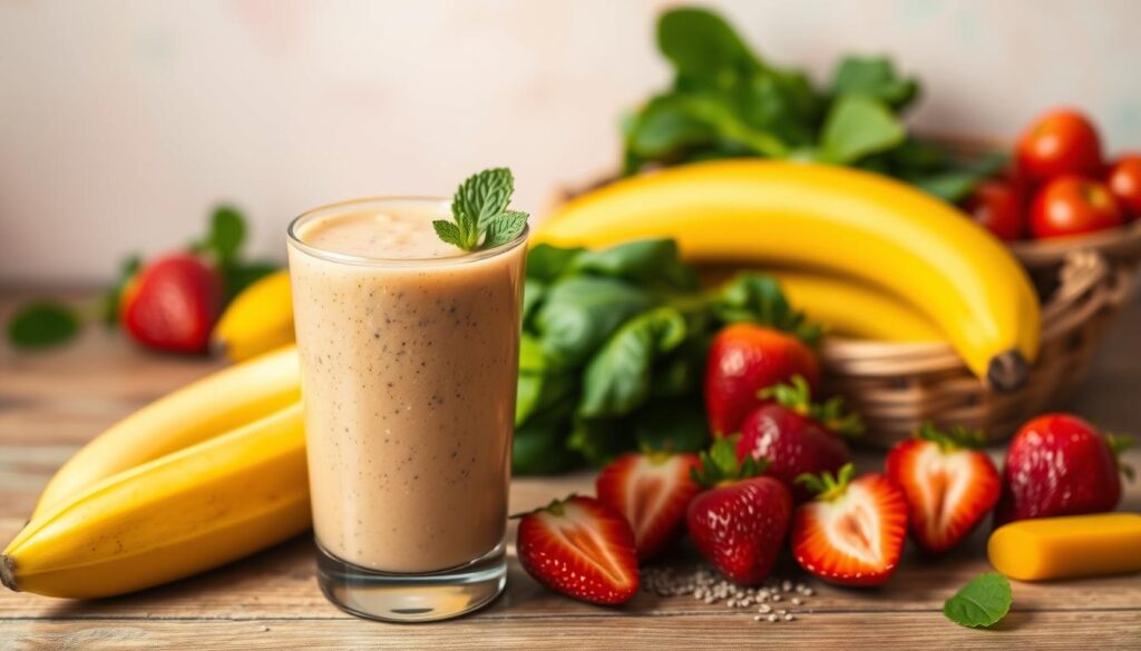 A cheerful, vibrant scene of a toddler-friendly vegan smoothie, shot in natural light with a soft, diffused quality. In the foreground, a glass filled with a creamy, nutrient-dense blend of fruits and vegetables, garnished with a sprig of fresh mint. The middle ground features an array of colorful, ripe produce - bananas, strawberries, spinach, and chia seeds - artfully arranged on a wooden table. The background has a soothing, pastel-tinted wall, creating a warm, inviting atmosphere. The overall composition conveys a sense of wholesomeness, simplicity, and child-friendly appeal, perfectly suited for an article on nutritious vegan smoothies for toddlers.