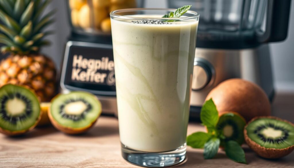 A close-up shot of a tall glass filled with a creamy, pale green vegan kefir smoothie. The smooth, thick liquid swirls gently, topped with a sprinkling of chia seeds and a few fresh mint leaves. The glass stands on a wooden surface, with a blender and some fresh kiwi, pineapple, and other tropical fruits in the background, suggesting a homemade, healthy preparation. Soft, natural lighting illuminates the scene, highlighting the vibrant, appetizing colors and textures of the smoothie and its ingredients. The overall mood is fresh, nutritious, and inviting, perfectly capturing the essence of a homemade vegan kefir smoothie. A close-up shot of a tall glass filled with a creamy, pale green vegan kefir smoothie. The smooth, thick liquid swirls gently, topped with a sprinkling of chia seeds and a few fresh mint leaves. The glass stands on a wooden surface, with a blender and some fresh kiwi, pineapple, and other tropical fruits in the background, suggesting a homemade, healthy preparation. Soft, natural lighting illuminates the scene, highlighting the vibrant, appetizing colors and textures of the smoothie and its ingredients. The overall mood is fresh, nutritious, and inviting, perfectly capturing the essence of a homemade vegan kefir smoothie.