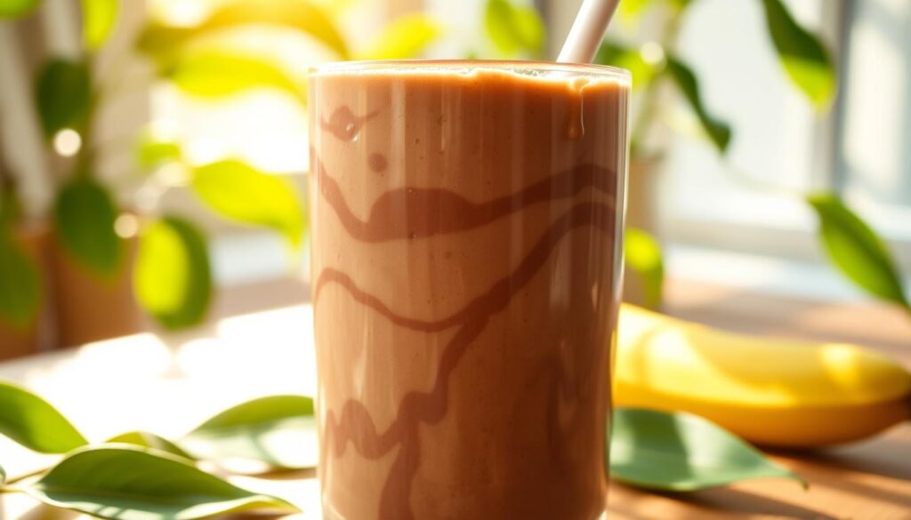 A creamy, rich vegan chocolate smoothie made with plant-based milk, ripe banana, and unsweetened cocoa powder. The smooth, swirling texture is visible, with a thick, luscious consistency. Sunlight streams through a window, casting a warm, golden glow on the glass filled with the tempting beverage. Vibrant green leaves and a wooden table create a natural, earthy backdrop, complementing the healthy, indulgent qualities of the smoothie. The overall scene evokes a sense of wholesome nourishment and mindful, guilt-free enjoyment.
