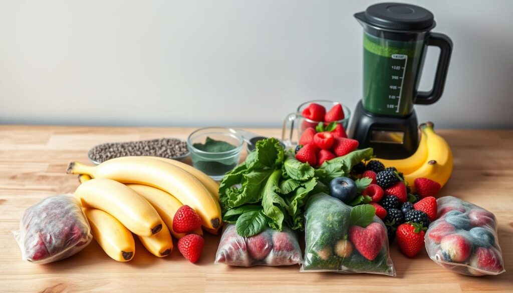 A crisp, well-lit overhead shot of a selection of vegan smoothie ingredients arranged on a wooden table. In the foreground, ripe bananas, fresh berries, and leafy greens are frozen into individual portions, showcasing their vibrant colors and textures. In the middle ground, a blender, a set of measuring cups, and various superfoods like chia seeds and spirulina powder create a sense of preparation. The background features a minimalist, neutral-toned wall, allowing the ingredients to take center stage. The lighting is soft and even, accentuating the frozen state of the produce and creating a clean, appetizing atmosphere.
