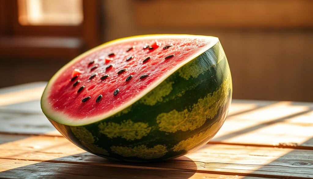 A juicy, ripe watermelon resting on a rustic wooden surface, sliced open to reveal its vibrant, crimson flesh and glistening black seeds. The melon is bathed in warm, golden sunlight filtering through a window, casting soft shadows and highlights that accentuate its luscious texture. The background is blurred, keeping the focus on the watermelon's perfect state of ripeness, ready to be enjoyed in a refreshing smoothie. Captured with a sharp, high-resolution lens to showcase the melon's natural beauty and enticing qualities.