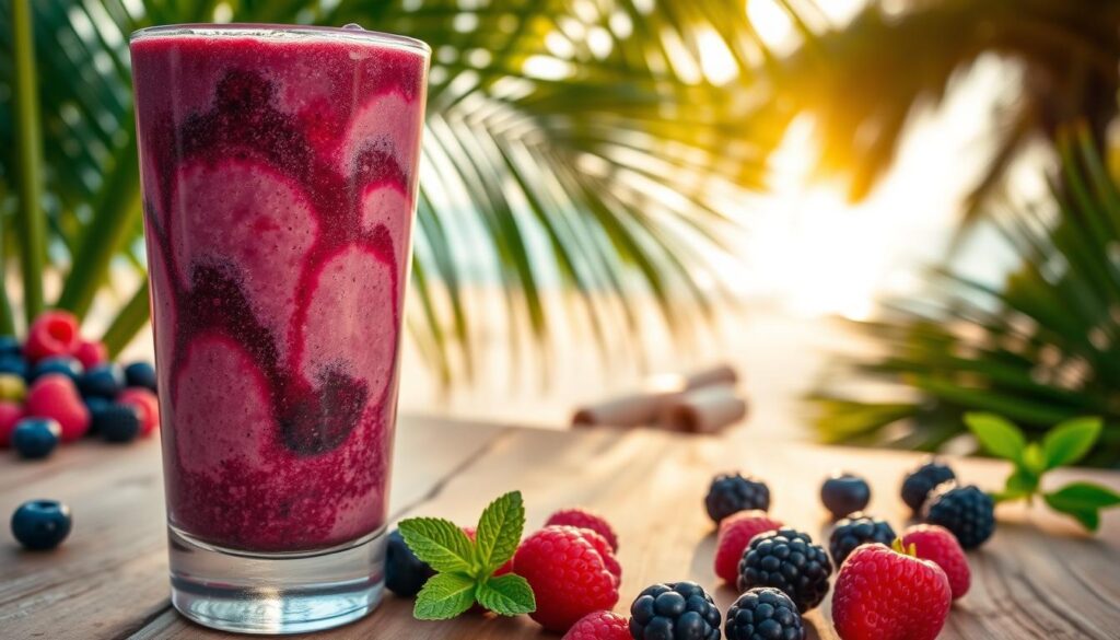 A luscious Tropical Berry Fusion Smoothie, brimming with vibrant hues and bursting with flavors. In the foreground, a frosty glass showcases the smooth, velvety texture of the blend, swirled with shades of deep purple, ruby red, and bright fuchsia. Suspended within are plump, juicy berries - a medley of blueberries, raspberries, and blackberries. The middle ground features a rustic wooden surface, complemented by a scattering of fresh berries and a sprig of mint, lending a natural, organic feel. In the background, a lush, tropical backdrop with verdant palm fronds and a glimpse of a sun-dappled beach creates a serene, inviting atmosphere. Soft, diffused lighting illuminates the scene, casting a warm, golden glow and enhancing the overall sense of a delightful, indulgent vegan treat.