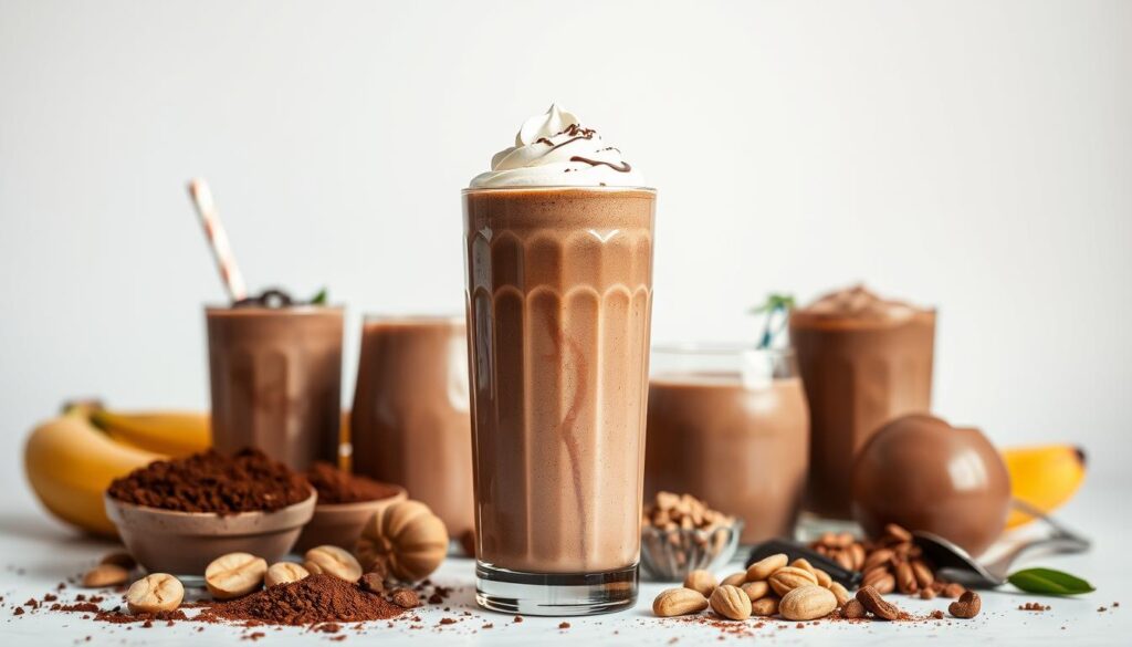 A lush, vibrant assortment of vegan smoothies, brimming with rich, chocolatey goodness. In the foreground, a tall glass filled with a silky, cocoa-infused blend, topped with a swirl of creamy dairy-free whipped topping. Surrounding it, an array of complementary smoothies in various shades of brown and chocolate, each one a tempting, indulgent treat. The middle ground showcases an array of fresh, natural ingredients - ripe bananas, dark cocoa powder, creamy nut butters, and luscious dairy-free milk. In the background, a minimalist, monochrome setting with clean lines and soft, evenly-distributed lighting, allowing the smoothies to take center stage. An atmosphere of sophistication, health, and pure, unadulterated chocolate bliss.