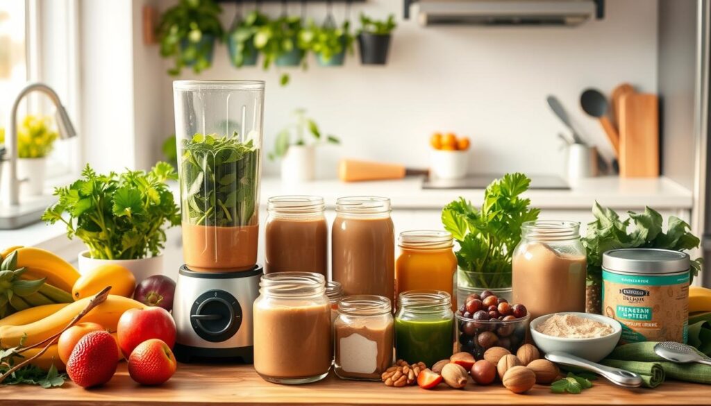 A neatly arranged vegan smoothie meal prep station with an assortment of fresh fruits, leafy greens, nut butters, and plant-based protein powders. The scene is bathed in warm, natural lighting, creating a soft, inviting atmosphere. In the foreground, there is a blender and several glass jars filled with pre-portioned smoothie ingredients. The middle ground features a clean, minimalist countertop with a cutting board, knife, and various measuring cups and spoons. The background showcases a bright, airy kitchen with potted herbs, a sleek appliance, and a clean, white backsplash. The overall composition conveys a sense of organization, healthfulness, and effortless meal preparation.