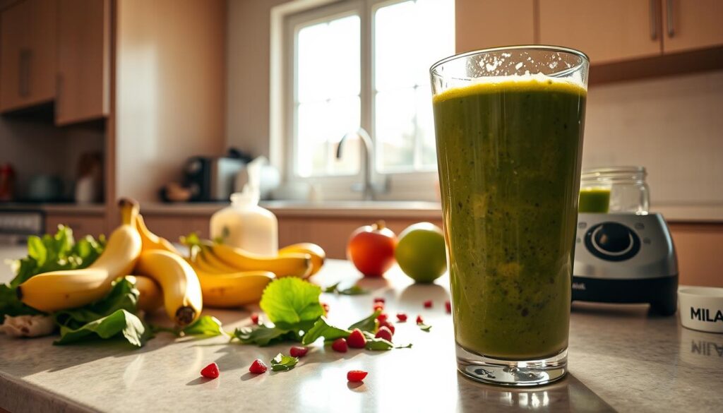 A sleek kitchen counter, bathed in warm, natural light from a large window. On the counter, an array of common smoothie ingredients are haphazardly scattered - overripe bananas, wilted greens, a half-empty milk carton, and a blender jar with a suspicious green sludge. In the foreground, a glass of a poorly blended, chunky smoothie, with uneven consistency and bits of unincorporated ingredients floating on the surface. The overall scene conveys a sense of frustration and kitchen mishaps, highlighting the "common mistakes" that can occur when making suboptimal smoothies.