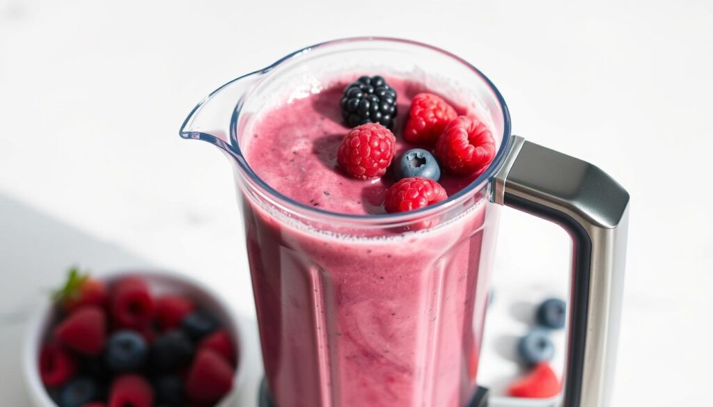 A sleek, modern blender filled with a vibrant, berry-hued smoothie, bathed in soft, diffused lighting. The glass container showcases the swirling, purplish-red liquid, flecked with tiny dark specks of berry seeds. Atop the blender, a selection of fresh, plump raspberries, blackberries, and blueberries are arranged artfully, their natural colors and textures contrasting beautifully. The blender's stainless steel body gleams, reflecting the light and creating a sense of polish and refinement. The overall scene evokes a clean, healthy, and appetizing vibe, perfect for illustrating a basic berry smoothie recipe.