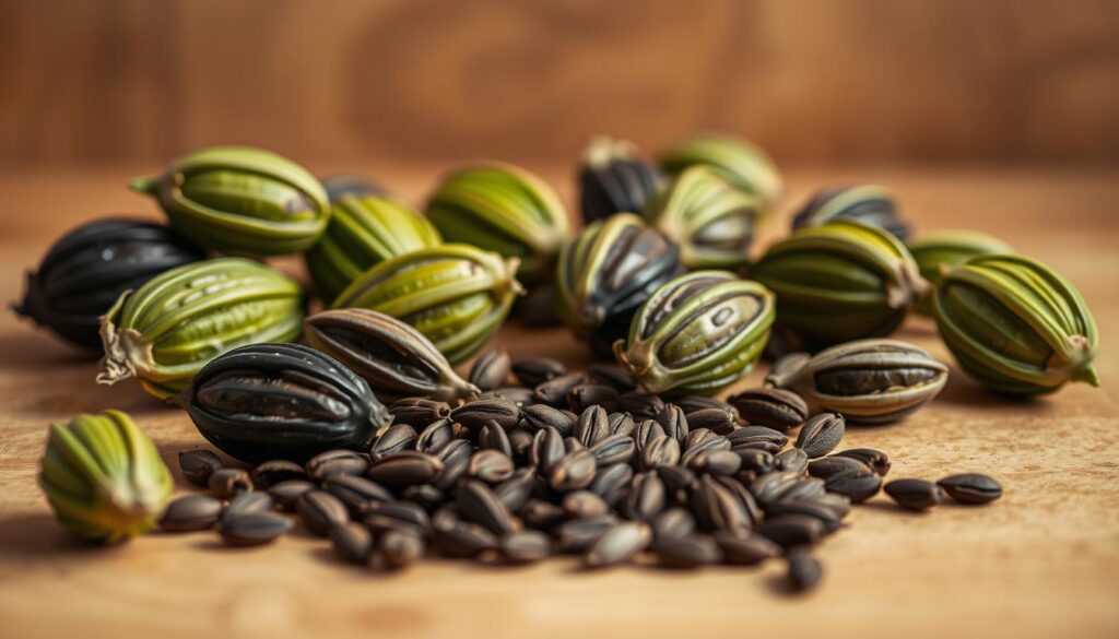 A still life arrangement showcasing various types of cardamom pods and seeds. In the foreground, a selection of green and black cardamom pods are displayed on a natural-toned wooden surface, their distinctive ridged exteriors and vibrant colors captured in crisp detail. In the middle ground, a scattering of individual cardamom seeds spills out, their dark brown hues and elongated shapes contrasting with the pods. The background is softly blurred, creating a sense of depth and focus on the cardamom specimens. Warm, diffused lighting illuminates the arrangement, highlighting the rich textures and subtle shades of the cardamom. The overall mood is one of culinary curiosity and appreciation for the unique qualities of this flavorful spice.