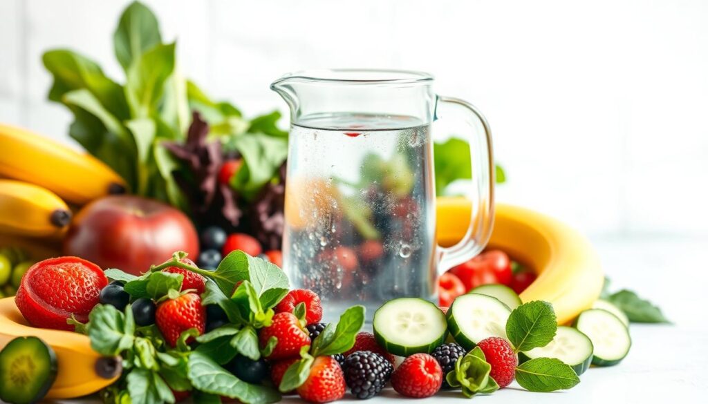 A vibrant arrangement of fresh, whole vegan smoothie ingredients set against a light, airy background. In the foreground, an assortment of colorful fruits and vegetables including ripe bananas, leafy greens, vibrant berries, and crisp cucumber slices. In the middle ground, a glass pitcher filled with crystal clear water, highlighting the transparency and hydrating properties of the liquid. The background is softly blurred, emphasizing the focus on the natural, unprocessed ingredients. The lighting is soft and diffused, creating a clean, pure aesthetic. The overall composition conveys a sense of health, vitality, and the versatility of using water as the base for delicious, nutrient-dense vegan smoothies. A vibrant arrangement of fresh, whole vegan smoothie ingredients set against a light, airy background. In the foreground, an assortment of colorful fruits and vegetables including ripe bananas, leafy greens, vibrant berries, and crisp cucumber slices. In the middle ground, a glass pitcher filled with crystal clear water, highlighting the transparency and hydrating properties of the liquid. The background is softly blurred, emphasizing the focus on the natural, unprocessed ingredients. The lighting is soft and diffused, creating a clean, pure aesthetic. The overall composition conveys a sense of health, vitality, and the versatility of using water as the base for delicious, nutrient-dense vegan smoothies.