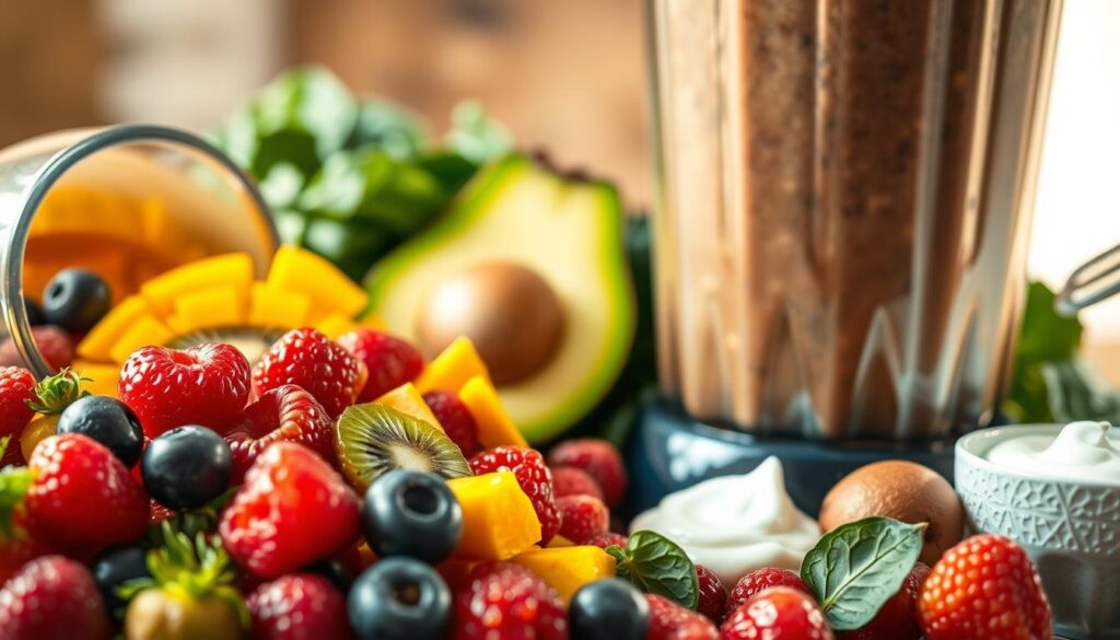 A vibrant, close-up composition showcasing a variety of healthy, skin-nourishing smoothie ingredients. In the foreground, ripe, juicy fruits like berries, kiwi, and mango spill out from a glass blender, their vivid colors and textures conveying the bounty of natural skin-boosting nutrients. In the middle ground, leafy greens like spinach and kale, as well as creamy avocado and yogurt, create a visually balanced and nutritious blend. The background is softly blurred, allowing the star ingredients to shine. Diffused, natural lighting casts a warm, glowing effect, emphasizing the skin-rejuvenating properties of these wholesome smoothie components. The overall mood is fresh, vibrant, and inviting, capturing the essence of the skin's radiant benefits from consuming these nutrient-dense smoothies.
