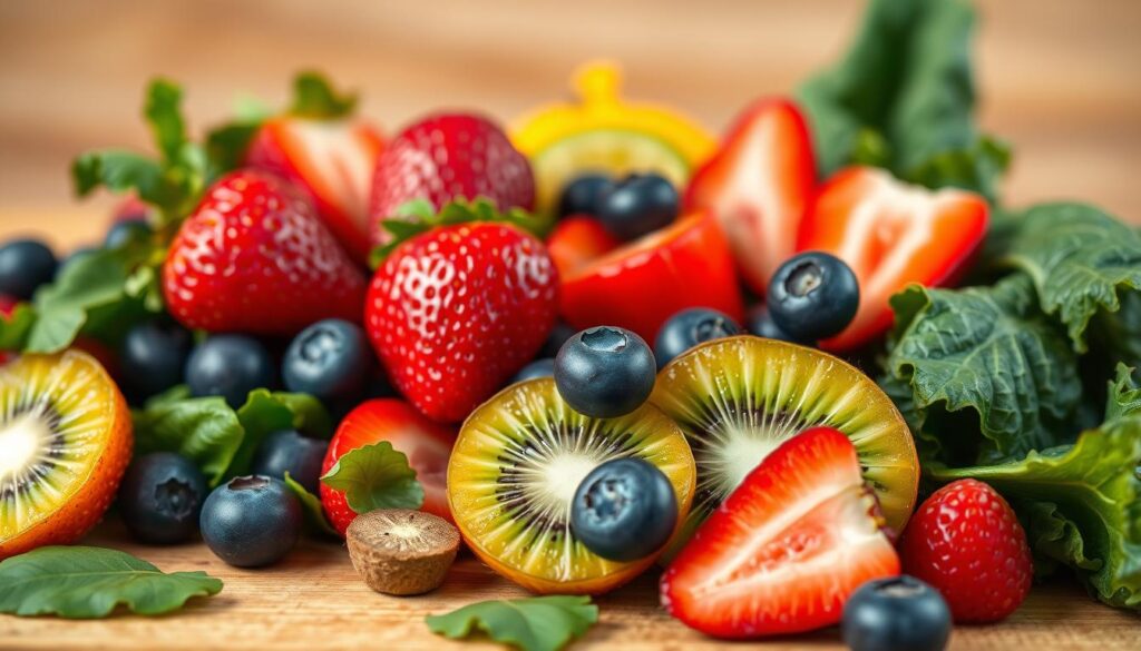 A vibrant, close-up shot of an assortment of colorful, nutrient-dense ingredients used in a skin-nourishing smoothie. In the foreground, a selection of fresh fruits like strawberries, blueberries, and kiwi slices are arranged elegantly. In the middle ground, leafy greens like spinach and kale are visible, conveying the abundance of vitamins and minerals. The background features a soft, blurred backdrop, perhaps a wooden table or countertop, creating a natural, organic feel. Warm, diffused lighting casts a gentle glow, highlighting the vibrant hues and natural textures of the ingredients. The overall mood is one of health, vitality, and the power of whole, plant-based foods to nourish the skin from within.