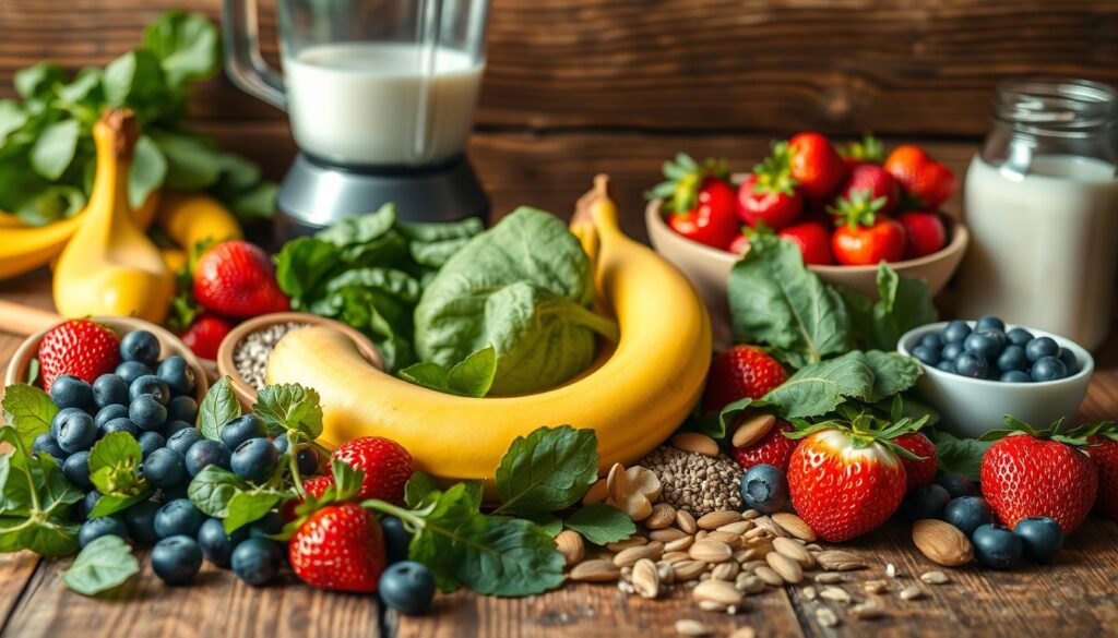 A vibrant, high-resolution image of a selection of heart-healthy smoothie ingredients arranged on a rustic wooden table. In the foreground, a variety of fresh fruits such as blueberries, strawberries, and bananas are neatly placed. In the middle ground, leafy greens like spinach and kale, as well as nuts and seeds such as almonds and chia, are carefully displayed. In the background, a glass blender and a jar of yogurt or plant-based milk provide a sense of context. The lighting is soft and natural, casting a warm glow over the scene. The overall composition is balanced and aesthetically pleasing, conveying a sense of health, vitality, and culinary inspiration.