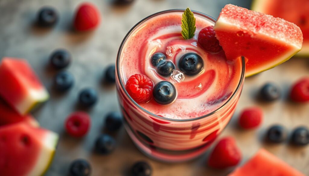 A vibrant, mouth-watering smoothie filled with a luscious blend of freshly-cut watermelon, ripe raspberries, and juicy blueberries. The smoothie is swirled with a creamy, yogurt-like texture, topped with a sprinkling of crushed ice and a few stray berries for a visually captivating presentation. Diffused, soft lighting casts a warm, inviting glow over the glass, highlighting the vibrant colors and creating a refreshing, summery atmosphere. The scene is captured from a slight overhead angle, emphasizing the smooth, velvety consistency of the smoothie and drawing the viewer's eye to the enticing fusion of sweet watermelon and tart berries.