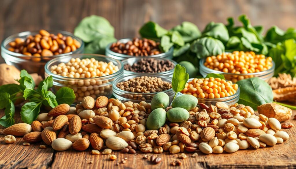 A vibrant still life showcasing an assortment of vegan protein sources. In the foreground, a variety of nuts and seeds, such as almonds, cashews, and chia, are artfully arranged on a rustic wooden surface, their textures and hues creating a visually appealing composition. In the middle ground, various legumes, including lentils, chickpeas, and edamame, are displayed in elegant glass bowls, their rich colors and earthy tones complementing the nuts and seeds. The background features a selection of leafy greens, such as spinach and kale, their vibrant green hues adding depth and freshness to the scene. The lighting is soft and natural, casting gentle shadows and highlighting the intricate details of the ingredients. The overall mood is one of balance, nutrition, and plant-based abundance.