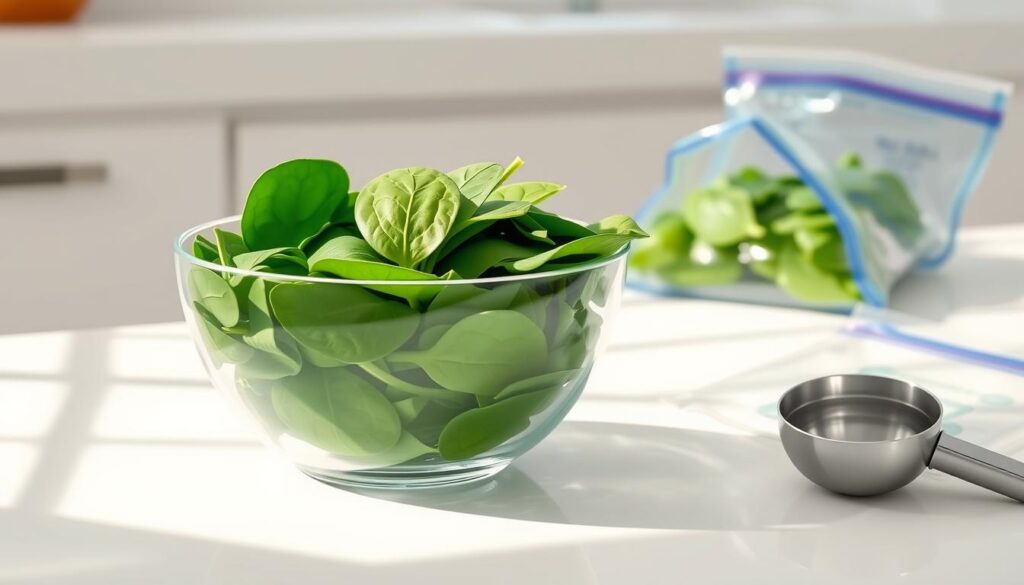 Freezing spinach for smoothies: a glass bowl filled with bright green spinach leaves, placed on a white kitchen counter under soft natural lighting. Nearby, an open freezer bag and a silver scoop, hinting at the process of preparing the greens for blending. The scene conveys a sense of culinary efficiency and health-conscious preparation, with the spinach leaves appearing vibrant and well-preserved. The overall mood is clean, simple, and focused on the task at hand.