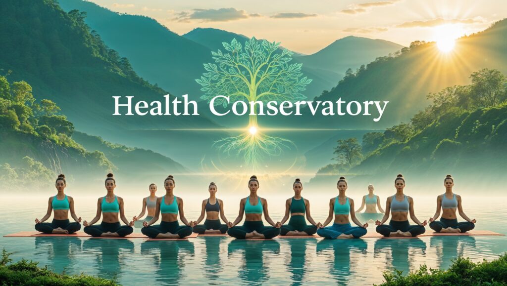 Health Conservatory logo overlay on serene landscape with women meditating on yoga mats, symbolizing wellness and plant-based living.