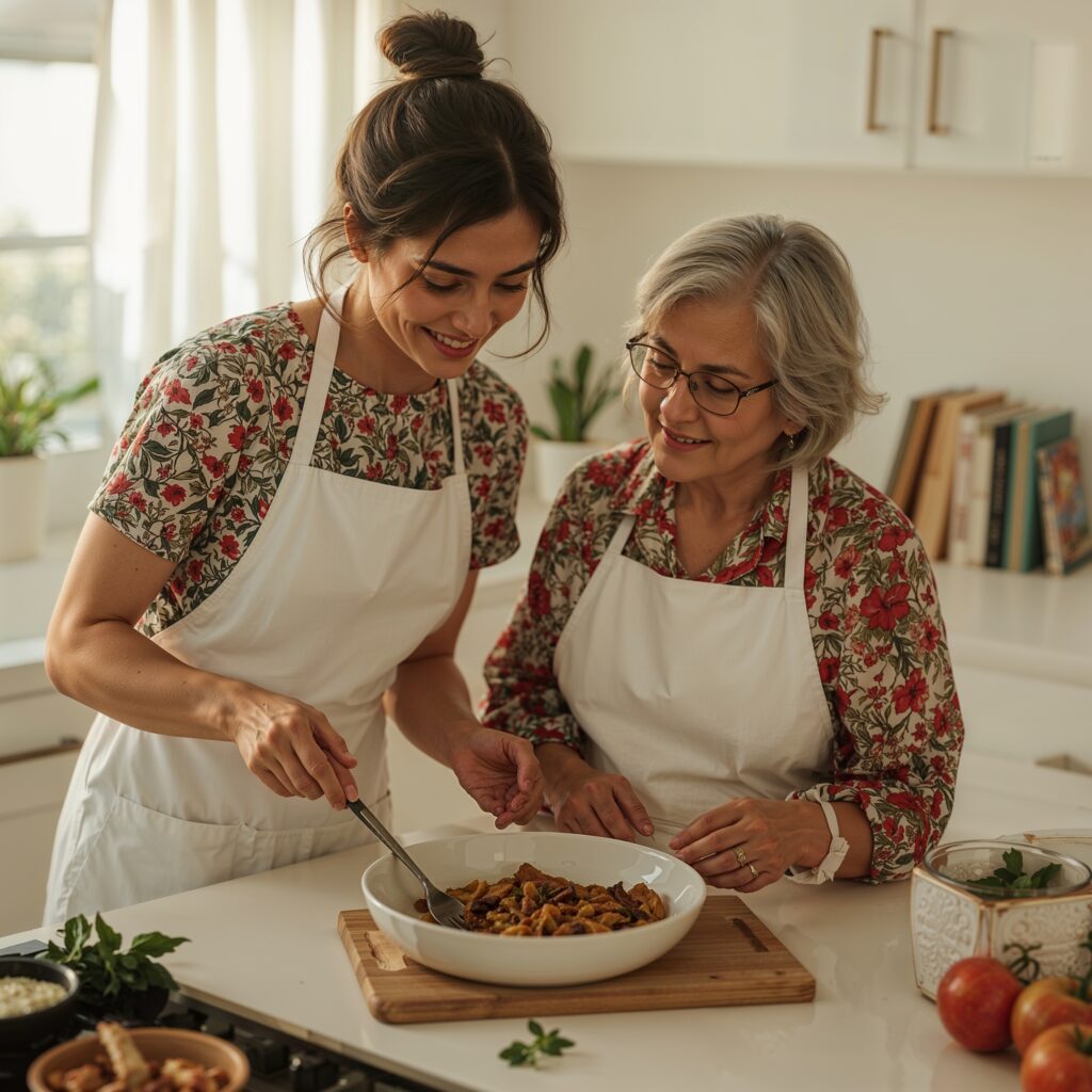 Woman and her grandmother cooking together in a bright kitchen, preparing a plant-based meal, emphasizing natural, wholesome ingredients and family bonding.