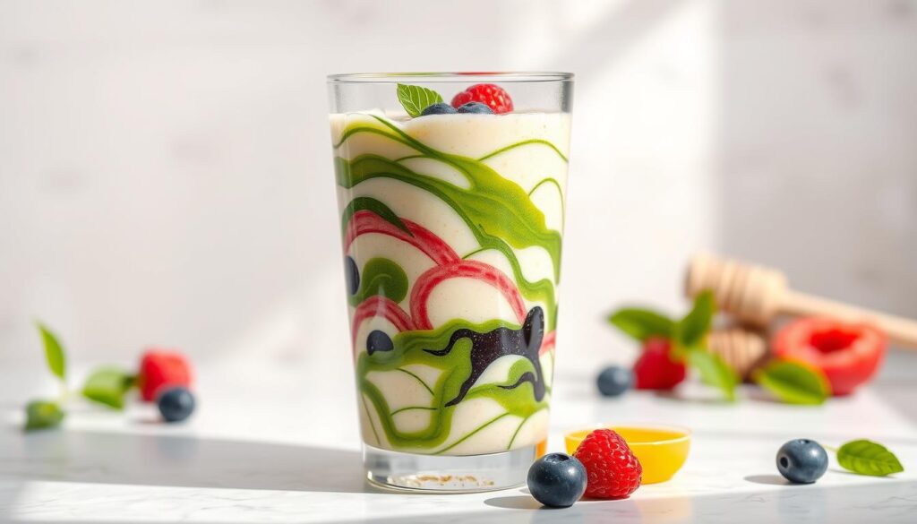 a vibrant, photorealistic image of a vegan kefir smoothie, showcased in a glass tumbler against a light, airy background. The smoothie should feature a rich, creamy texture with swirls of vibrant greens, vibrant berries, and a touch of golden honey, conveying the powerful nutritional benefits of this plant-based superfood. The glass should be positioned at a slight angle, allowing the viewer to see the intricate layers and colors of the smoothie. Soft, diffused natural lighting should gently illuminate the scene, creating a warm, inviting atmosphere. The overall composition should be balanced and visually appealing, highlighting the healthfulness and deliciousness of this vegan kefir smoothie. a vibrant, photorealistic image of a vegan kefir smoothie, showcased in a glass tumbler against a light, airy background. The smoothie should feature a rich, creamy texture with swirls of vibrant greens, vibrant berries, and a touch of golden honey, conveying the powerful nutritional benefits of this plant-based superfood. The glass should be positioned at a slight angle, allowing the viewer to see the intricate layers and colors of the smoothie. Soft, diffused natural lighting should gently illuminate the scene, creating a warm, inviting atmosphere. The overall composition should be balanced and visually appealing, highlighting the healthfulness and deliciousness of this vegan kefir smoothie.