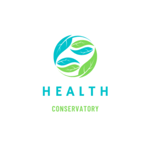 Health Conservatory logo featuring a circular design with green and blue leaves, emphasizing plant-based wellness and nutrition.