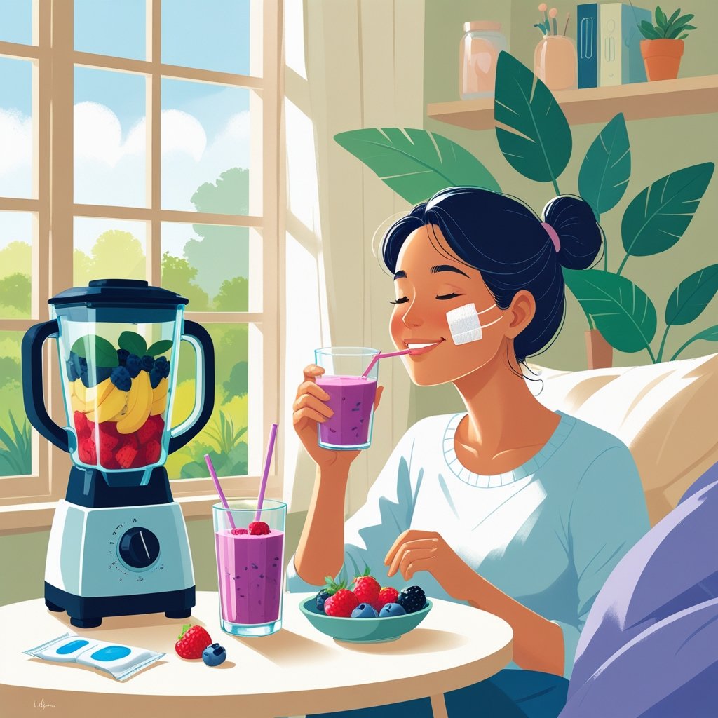 Woman enjoying a smoothie with a bandage on her cheek, sitting at a table with a blender and a bowl of fresh berries, illustrating smoothie benefits for recovery after dental procedures.