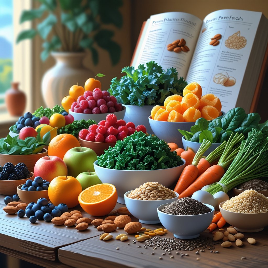 A colorful assortment of fresh fruits, vegetables, nuts, and grains arranged on a wooden table with a blurred open book in the background.