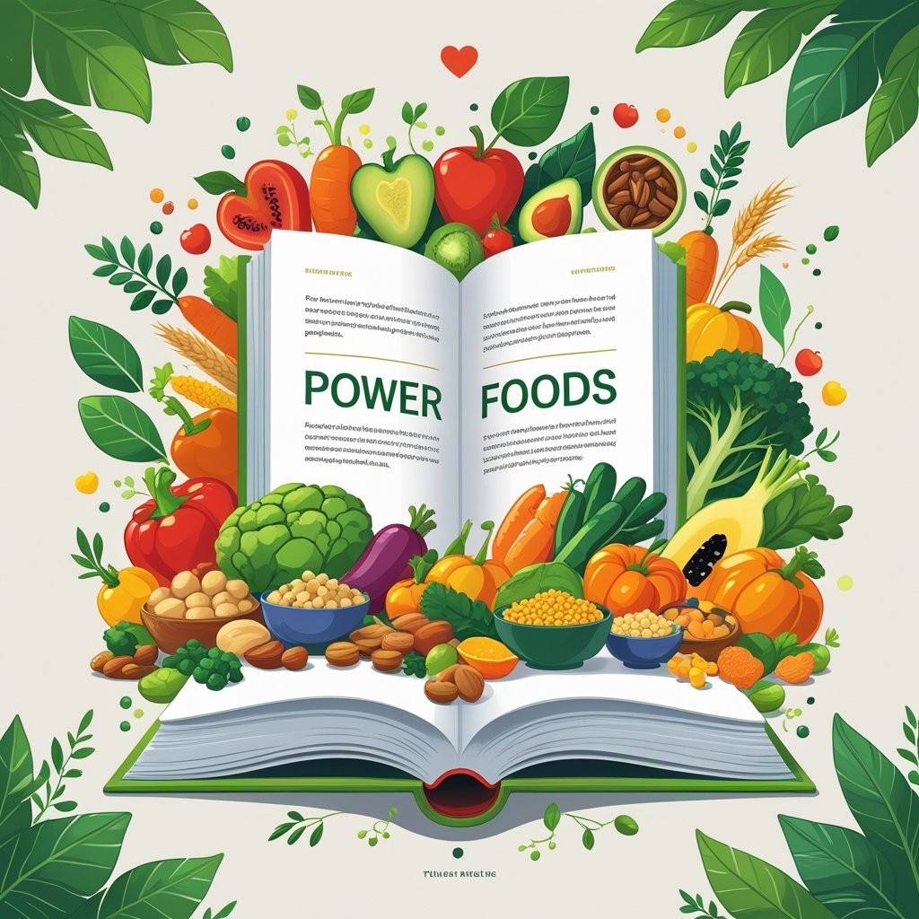An open book surrounded by colorful illustrations of fruits, vegetables, nuts, and grains with symbols representing health and vitality.