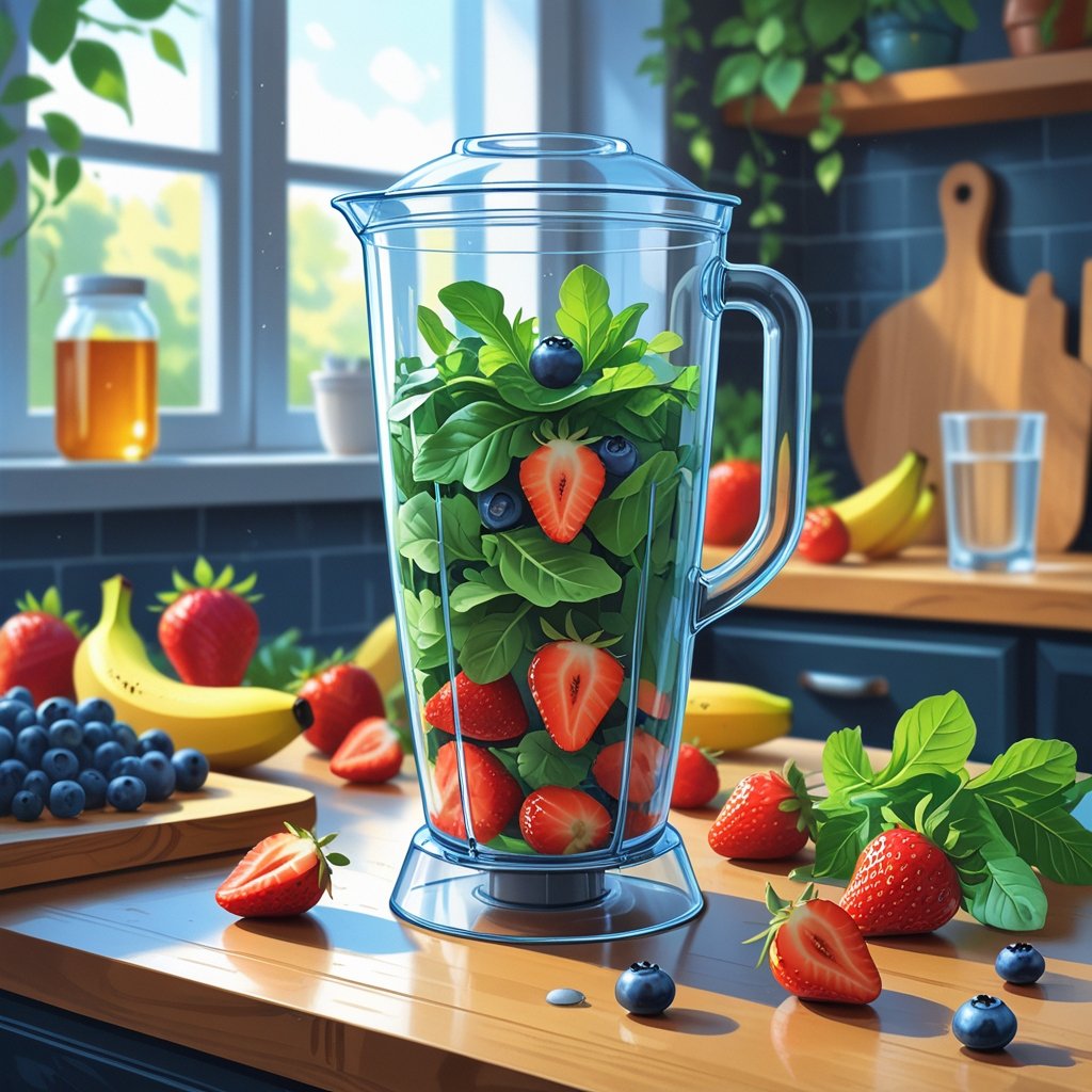 A kitchen scene showing a blender filled with spring mix and fresh fruits on a countertop.