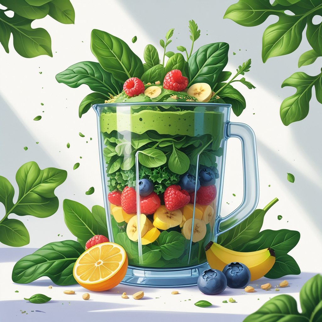 A clear blender filled with a green smoothie blending fresh spring mix leaves, surrounded by fresh greens and fruits.