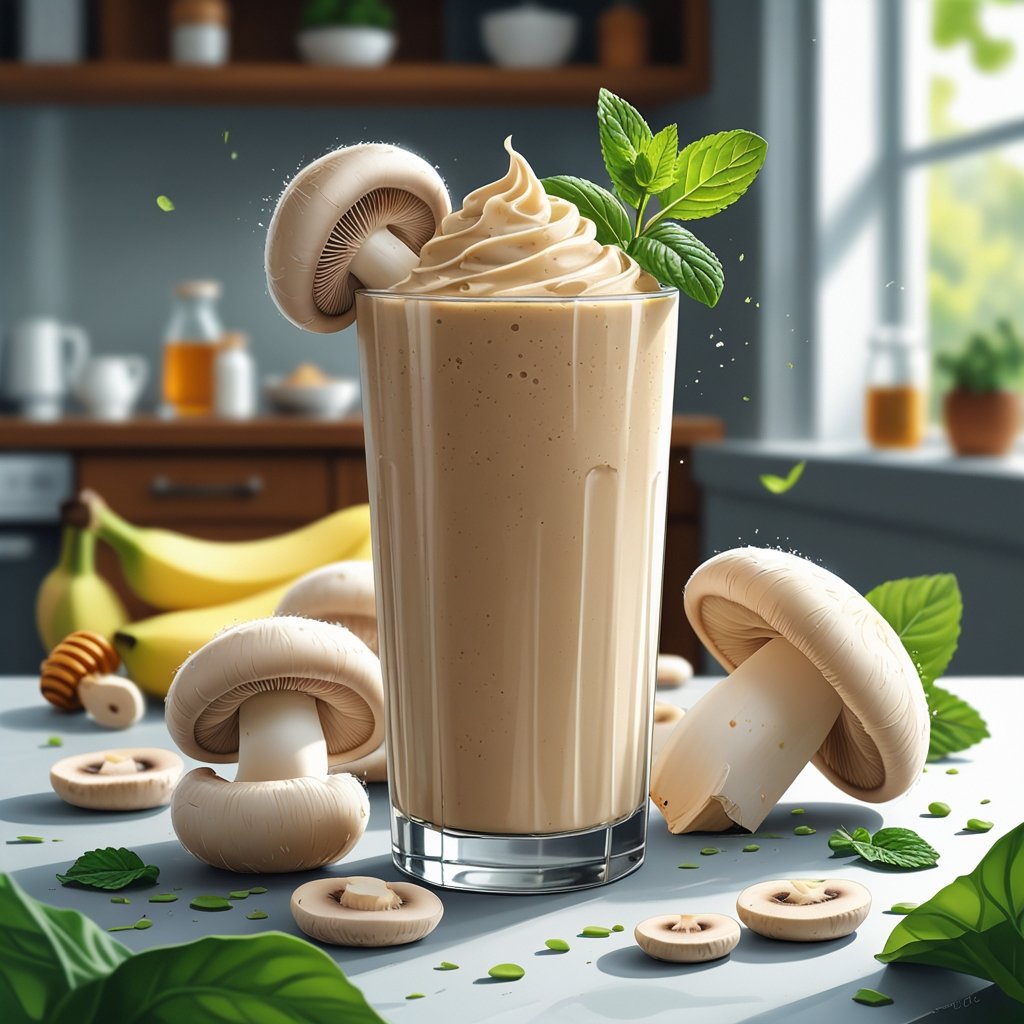 A glass of lion's mane smoothie with fresh lion's mane mushrooms and smoothie ingredients on a kitchen counter.