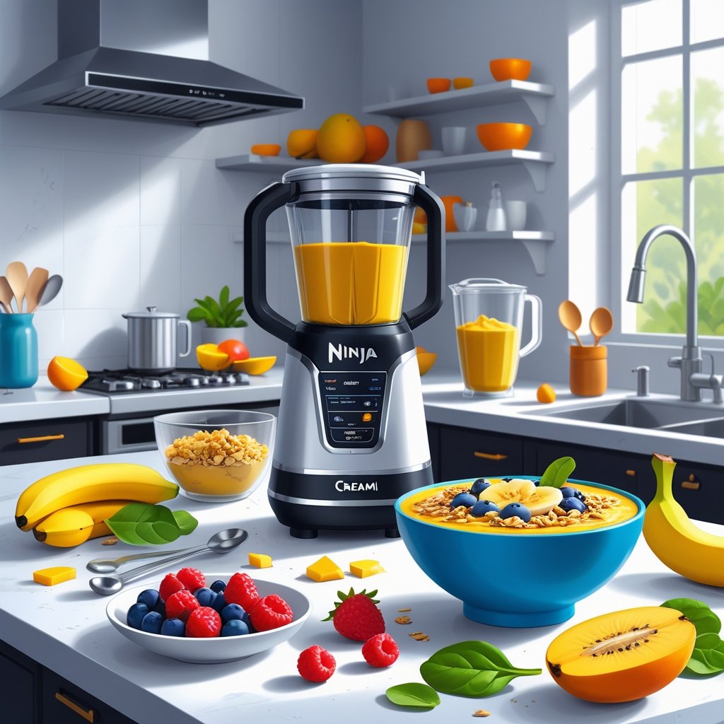 A kitchen countertop with a Ninja Creami machine surrounded by fresh fruits, measuring spoons, a blender cup, and a finished smoothie bowl topped with sliced fruits and granola.