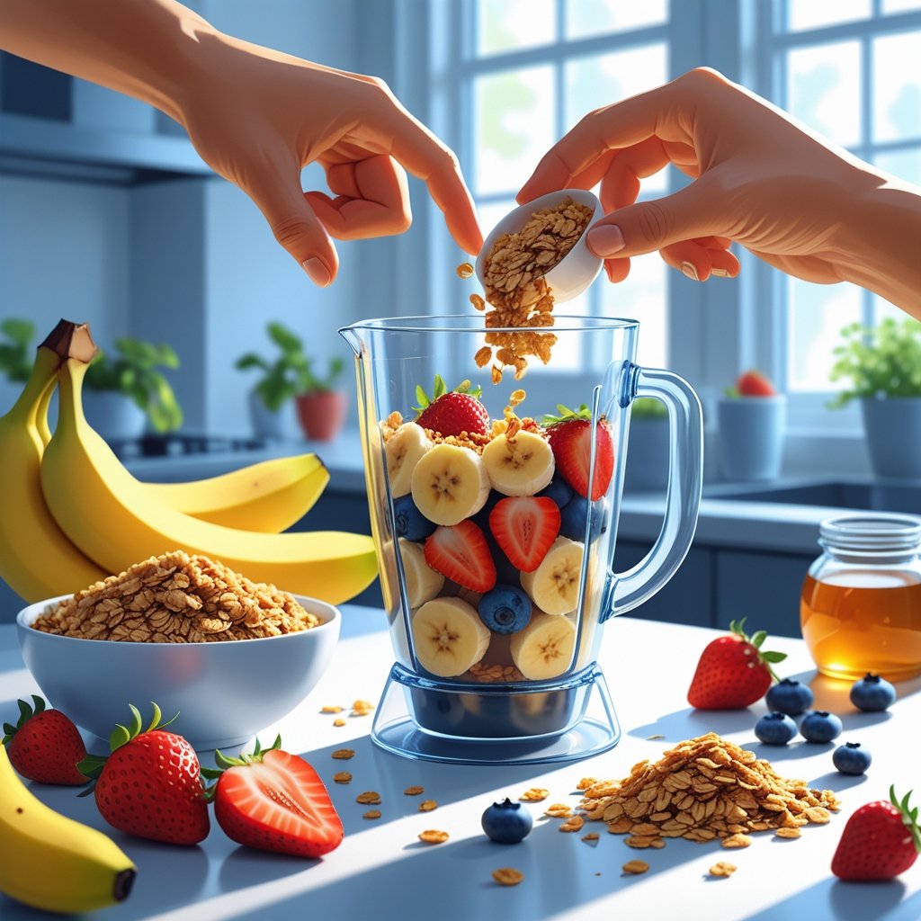 A hand pouring granola into a blender filled with fruits in a bright kitchen setting.