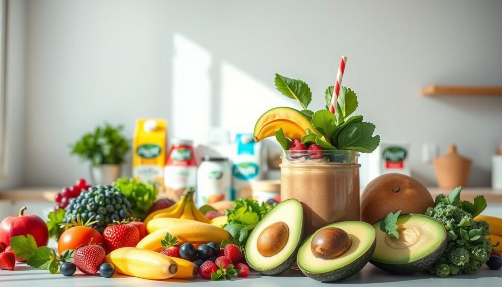 A bright, cheerful kitchen scene featuring an array of fresh, vibrant ingredients for easy vegan smoothie recipes. In the foreground, an assortment of colorful fruits and vegetables - ripe bananas, lush berries, crisp leafy greens, and creamy avocado - arranged artfully in a glass jar. In the middle ground, a variety of plant-based milk cartons, nut butters, and other smoothie add-ins stand ready. The background showcases a minimalist, airy space with clean white walls and natural light streaming in, creating a serene, inviting atmosphere. The overall composition and lighting evoke a sense of simplicity, healthfulness, and effortless blending, perfectly capturing the essence of "easy vegan smoothie recipes."