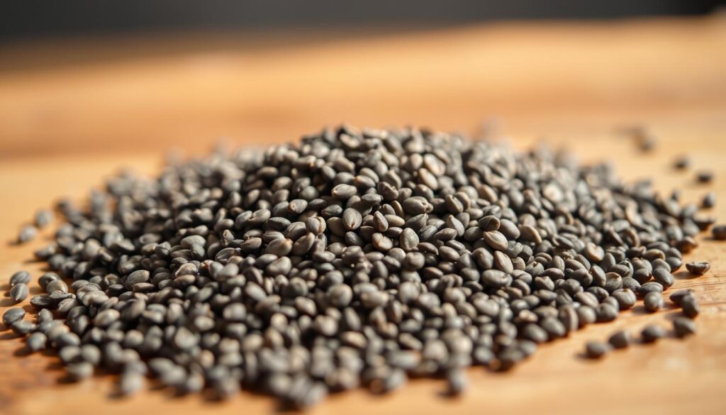 A close-up photo of a pile of chia seeds on a wooden surface, with soft, natural lighting illuminating the tiny, black and white speckled seeds. The texture of the seeds is clearly visible, with a slight sheen reflecting the light. The background is slightly blurred, creating a sense of focus on the central subject. The overall composition is simple and clean, highlighting the nutritious, fiber-rich qualities of the chia seeds.