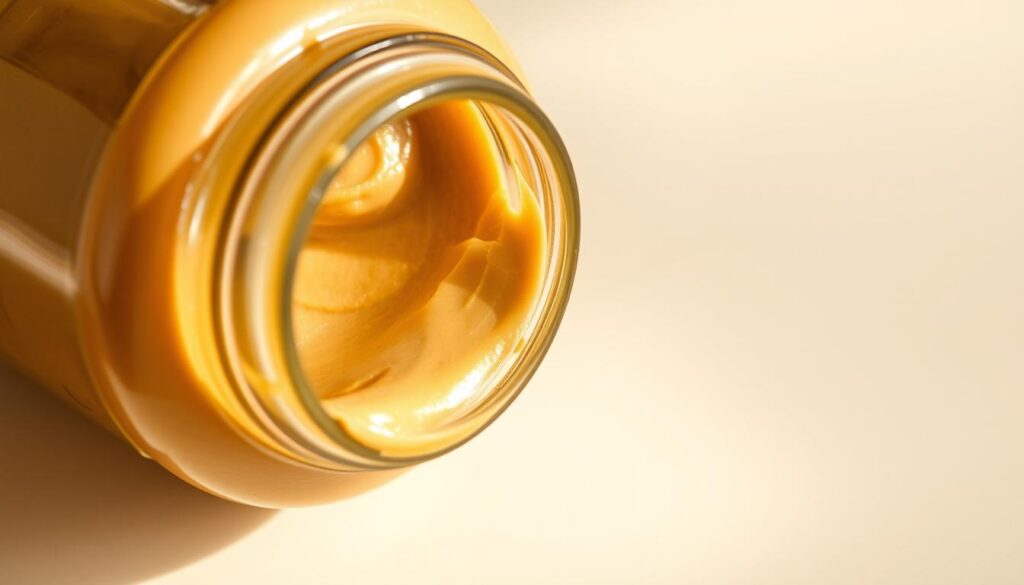 A close-up shot of an open jar of natural peanut butter, showcasing its smooth, creamy texture and rich, golden color. The peanut butter is glistening under soft, natural lighting, creating a warm, inviting atmosphere. The jar is placed on a plain, light-colored wooden surface, allowing the peanut butter to be the focal point. The image emphasizes the natural, unprocessed quality of the peanut butter, hinting at its health benefits and suitability for a variety of culinary applications, including smoothies.