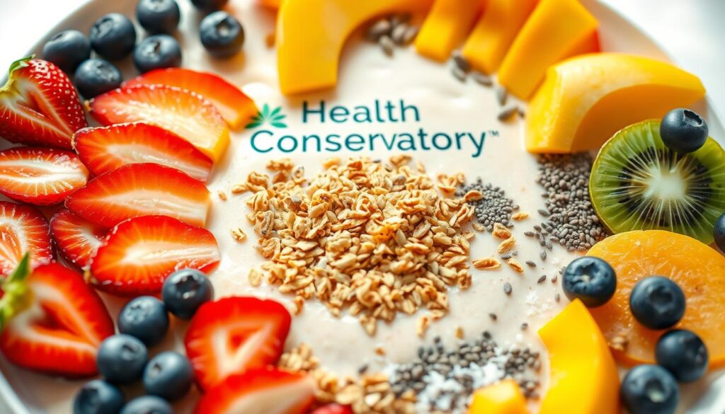 A colorful assortment of smoothie bowl toppings arranged neatly on a bright white background, illuminated by warm, natural lighting. In the foreground, a variety of fresh fruits including sliced strawberries, blueberries, kiwi, and mango are meticulously placed. In the middle ground, a sprinkle of crunchy granola, toasted coconut flakes, and chia seeds add texture and visual interest. In the background, a Health Conservatory logo is subtly incorporated, suggesting a high-quality, health-conscious image. The overall composition is visually appealing, highlighting the diverse toppings that would stay on top of a thick, creamy smoothie bowl.