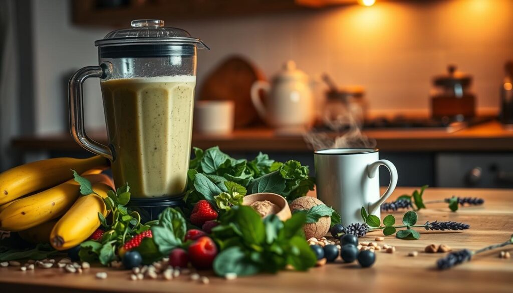 A cozy, dimly lit kitchen scene featuring an assortment of vegan bedtime smoothie ingredients. In the foreground, a blender filled with a creamy, vibrant smoothie, surrounded by an array of fresh produce - ripe bananas, leafy greens, berries, and a sprinkle of nuts and seeds. The middle ground showcases a wooden countertop with a mug of steaming herbal tea, a jar of honey, and a sprig of lavender. In the background, soft, warm lighting casts a soothing glow, hinting at the tranquil atmosphere perfect for winding down before bed. The overall mood is inviting, comforting, and conducive to restful sleep. A cozy, dimly lit kitchen scene featuring an assortment of vegan bedtime smoothie ingredients. In the foreground, a blender filled with a creamy, vibrant smoothie, surrounded by an array of fresh produce - ripe bananas, leafy greens, berries, and a sprinkle of nuts and seeds. The middle ground showcases a wooden countertop with a mug of steaming herbal tea, a jar of honey, and a sprig of lavender. In the background, soft, warm lighting casts a soothing glow, hinting at the tranquil atmosphere perfect for winding down before bed. The overall mood is inviting, comforting, and conducive to restful sleep.