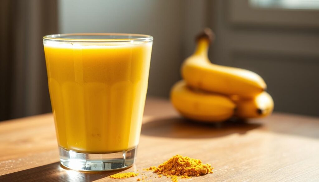 A creamy, luscious vegan smoothie made with ripe bananas, fragrant turmeric, and anti-inflammatory ingredients. The smoothie is blended to a silky, vibrant golden hue, finished with a sprinkle of ground turmeric. The glass is positioned on a wooden table, with a simple yet elegant styling. Soft, natural lighting from the side creates a warm, inviting atmosphere, casting gentle shadows and highlights across the smoothie's surface. The overall mood is soothing, wholesome, and nutritious, perfectly capturing the essence of a recovery-boosting, anti-inflammatory post-workout treat! Is a smoothie good after a workout