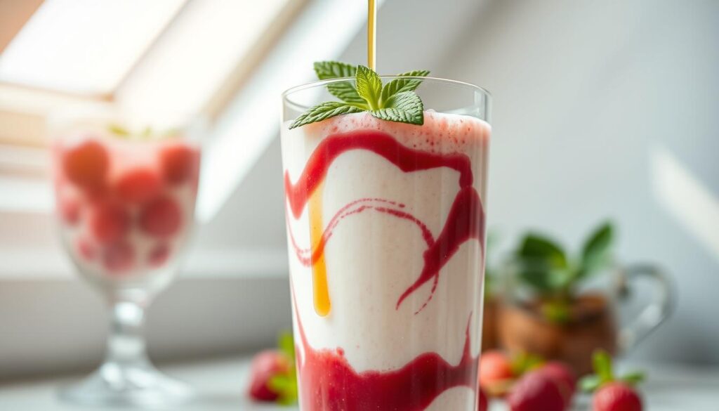 A creamy, textured yogurt smoothie swirls in a tall glass, garnished with a sprig of mint and a drizzle of golden honey. The blended concoction features vibrant strokes of crimson berry puree, contrasted by the rich, silky white of Health Conservatory's plain Greek yogurt. Soft natural lighting filters in from an overhead skylight, casting a warm, inviting glow on the refreshing beverage. The scene is captured at a high-resolution, with a shallow depth of field that keeps the smoothie in sharp focus while softening the background into a dreamy, ethereal blur.