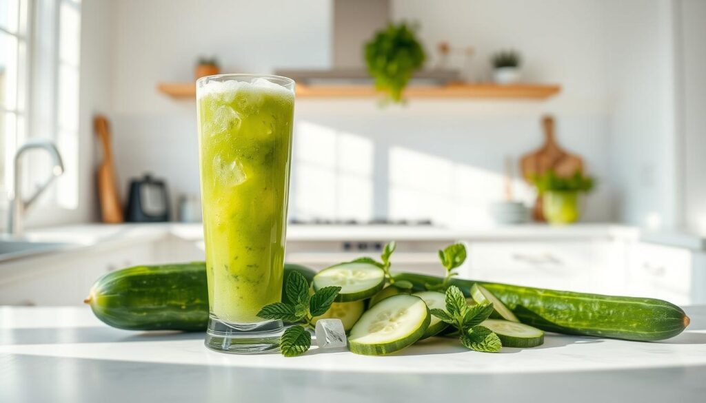 A crisp, refreshing cucumber smoothie set against a bright, airy kitchen backdrop. In the foreground, a tall glass filled with a vibrant green, luscious blend of freshly juiced cucumber, ice, and a hint of lemon. Sunlight streams in through a nearby window, casting a soft, natural glow across the scene. The middle ground features an array of fresh cucumbers, neatly sliced and arranged, alongside a few sprigs of mint leaves. In the background, simple white countertops and minimal decor create a clean, minimalist atmosphere, allowing the smoothie to take center stage. The overall mood is one of purity, hydration, and a sense of rejuvenation.