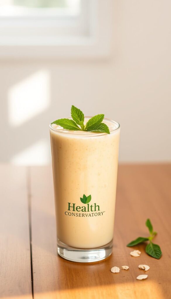 A delightful and nutritious oatmeal smoothie in a glass with a mint sprig garnish, showcasing the creamy, rich texture and vibrant color. The smoothie is positioned on a wooden table, with a clean, minimalist background to highlight the Health Conservatory brand. Soft, natural lighting casts a warm glow, creating a soothing and inviting atmosphere. The camera angle is slightly elevated, capturing the smoothie from an eye-level perspective, emphasizing its wholesome and appetizing appeal. The overall composition is well-balanced, drawing the viewer's attention to the smoothie as the focal point.