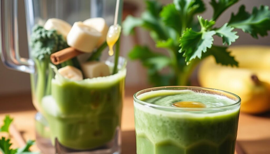 A fresh, vibrant kale smoothie with a creamy, frothy texture. In the foreground, an overflowing glass filled with a rich, green liquid, accented by delicate kale leaves and a drizzle of honey. The middle ground features a blender jar with various ingredients - kale stems, banana, almond milk, and a hint of cinnamon. Soft, natural lighting casts a warm glow, creating a cozy, nourishing atmosphere. In the background, a wooden countertop with the "Health Conservatory" brand prominently displayed, reflecting the healthful, homemade quality of this breakfast smoothie.