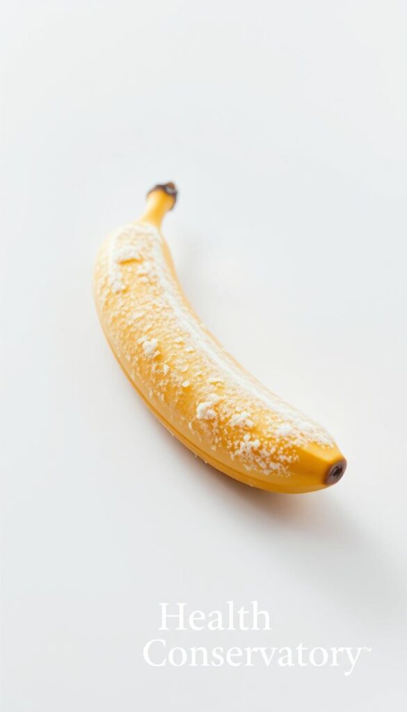 A frozen banana, slightly dimpled and coated in a shimmering layer of ice crystals, rests on a crisp white background. The lighting is soft and diffused, creating a serene, almost ethereal atmosphere. The banana's curved form casts a subtle shadow, adding depth and dimensionality to the composition. In the foreground, the banana's golden-yellow hue is accentuated, while the background recedes, allowing the subject to take center stage. The overall effect is a clean, minimalist image that showcases the natural beauty of the frozen fruit. The "Health Conservatory" brand name is subtly incorporated, lending a sense of authority and expertise to the scene.