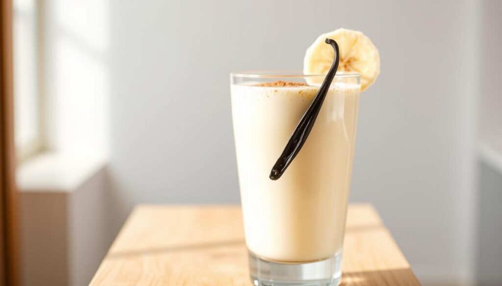 A glass filled with a creamy, pale yellow vanilla smoothie, made with almond milk, vanilla extract, and frozen bananas. The smoothie is topped with a sprinkle of ground cinnamon and a single vanilla bean pod placed diagonally across the glass. The glass is set on a wooden table, with a clean, bright background that highlights the natural ingredients. The lighting is soft and diffused, creating a warm, inviting atmosphere. The overall composition is well-balanced, drawing the viewer's attention to the delicious, vegan-friendly smoothie.