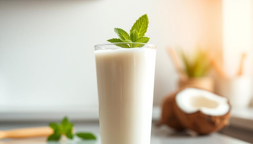 A gleaming glass filled with a creamy, pale-tinted coconut milk smoothie, garnished with a fresh green coconut slice and a sprig of mint. The smoothie is blended to a silky, uniform consistency, with a hint of frothy foam at the top. Soft, natural lighting illuminates the scene, casting a warm, inviting glow. The backdrop features a simple, minimalist kitchen countertop or table, allowing the vibrant smoothie to take center stage. The overall composition emphasizes the smooth, tropical flavors and refreshing qualities of this coconut milk-based treat.