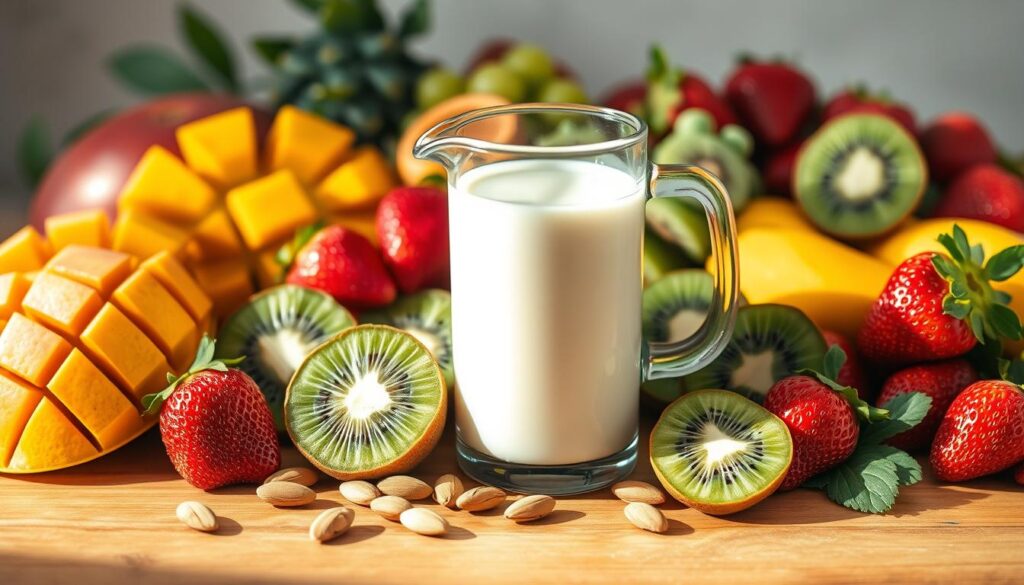 A lush, close-up still life of an assortment of plant-based fruits - ripe mango slices, juicy kiwi halves, and vibrant strawberries - artfully arranged on a wooden table, with a glass pitcher of creamy almond milk taking center stage. Soft, natural lighting casts a warm, inviting glow, highlighting the rich colors and textures of the ingredients. The composition is balanced and visually appealing, conveying a sense of freshness, nourishment, and the effortless simplicity of a blender-free smoothie.