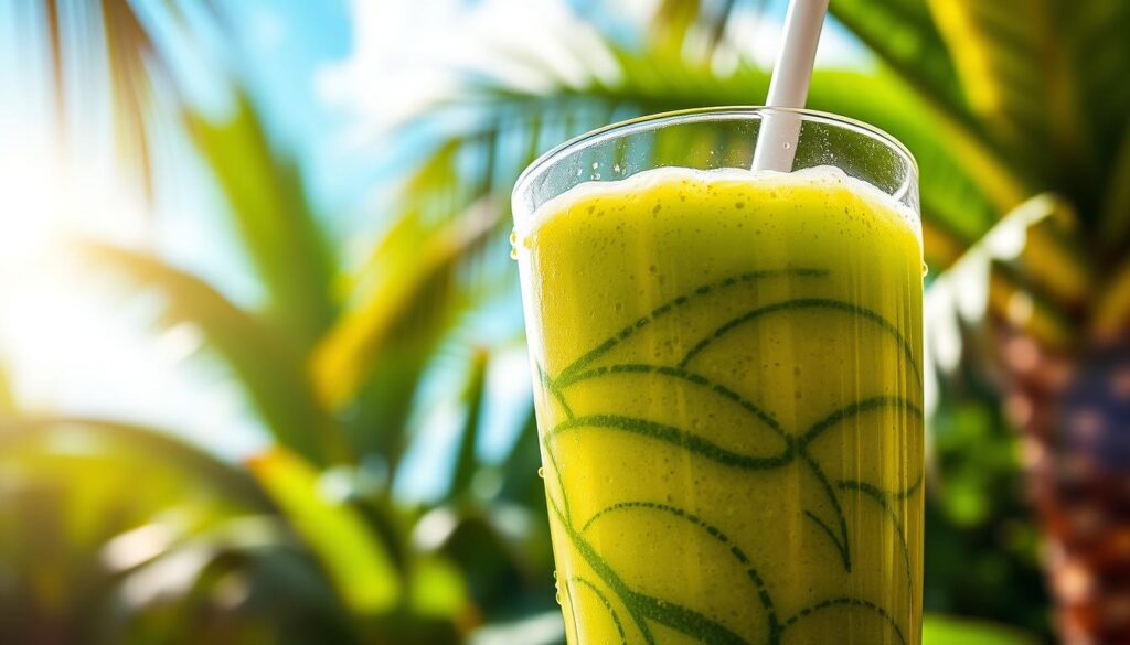 A lush, tropical-inspired smoothie with a vibrant green hue, swirling together a blend of fresh kale, sweet pineapple, and a hint of creamy coconut. The smoothie is poured into a clear glass with a straw, showcasing its enticing color and texture. Sunlight filters through the glass, casting a warm, natural glow on the beverage. Droplets of condensation on the exterior of the glass add a refreshing, hydrating element. The background features a tropical setting with lush, verdant foliage and a serene, azure sky. The overall scene evokes a sense of rejuvenation and a healthy, vibrant lifestyle.
