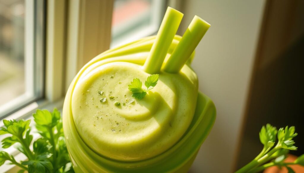 A lush, verdant smoothie swirls with vibrant celery stalks, their crisp, emerald hues complemented by a creamy, pale green base. Sunlight streams through a large window, casting a warm, natural glow over the scene. Suspended within the smooth liquid are flecks of bright green leaves, hints of a deep, earthy color. The overall composition is clean, minimalist, and inviting, drawing the viewer's attention to the nutritional powerhouse of this nourishing vegan beverage. A sense of health, vitality, and balance permeates the image, perfectly encapsulating the benefits of fiber, vitamins, and minerals from this celery-based smoothie.