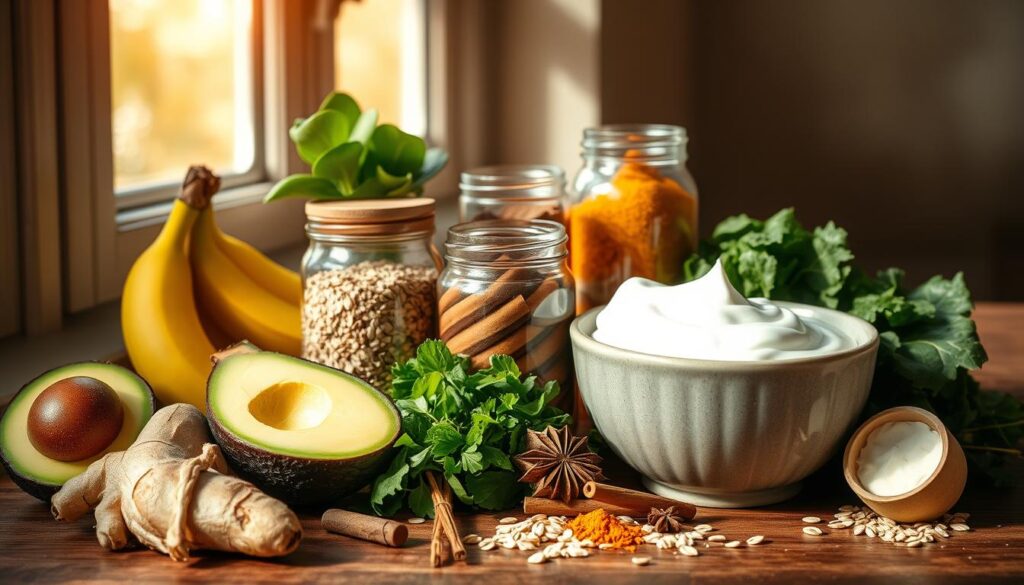 A neatly arranged still life of reflux-friendly ingredients, illuminated by warm natural light streaming through a window. In the foreground, a selection of whole foods including avocado, ginger, banana, oats, and leafy greens. The middle ground features glass jars filled with anti-inflammatory herbs and spices like turmeric, cinnamon, and fennel. In the background, a neutral-toned ceramic bowl overflows with soothing, probiotic-rich yogurt. The composition is balanced, the colors vibrant, and the overall mood is calming and inviting - reflecting the science-backed ingredients that can help alleviate acid reflux. A neatly arranged still life of reflux-friendly ingredients, illuminated by warm natural light streaming through a window. In the foreground, a selection of whole foods including avocado, ginger, banana, oats, and leafy greens. The middle ground features glass jars filled with anti-inflammatory herbs and spices like turmeric, cinnamon, and fennel. In the background, a neutral-toned ceramic bowl overflows with soothing, probiotic-rich yogurt. The composition is balanced, the colors vibrant, and the overall mood is calming and inviting - reflecting the science-backed ingredients that can help alleviate acid reflux.