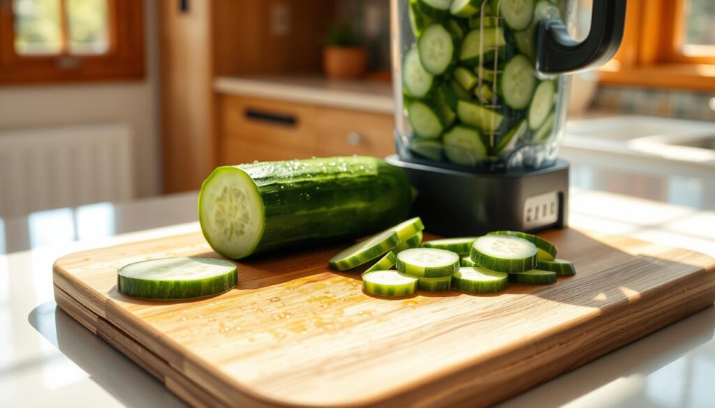 A neatly arranged wooden cutting board on a bright, airy kitchen counter. On the board, a freshly washed cucumber is being carefully sliced with a sharp knife, the blade gliding through the crisp, green skin. Drops of water glisten on the surface, reflecting the warm, natural lighting that filters in through large windows. The sliced cucumber pieces are then scooped into a high-powered blender, ready to be transformed into a refreshing, nutrient-rich smoothie. The overall scene exudes a sense of cleanliness, simplicity, and health-conscious preparation.