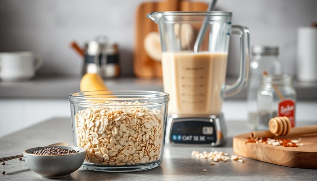 A neatly organized kitchen counter with a variety of oat-based meal prep items. In the foreground, a glass container filled with perfectly measured rolled oats, accompanied by a small bowl of chia seeds and a spoon. In the middle ground, a blender containing a creamy oat-based smoothie, its rich texture visible through the transparent glass. Behind it, a cutting board with sliced bananas, a jar of honey, and a sprinkle of cinnamon, creating a warm, cozy atmosphere. The lighting is soft and natural, casting a gentle glow on the scene, emphasizing the time-saving and nutritious nature of this oat-based meal prep. The overall composition conveys a sense of efficiency, simplicity, and a healthy start to a busy morning.